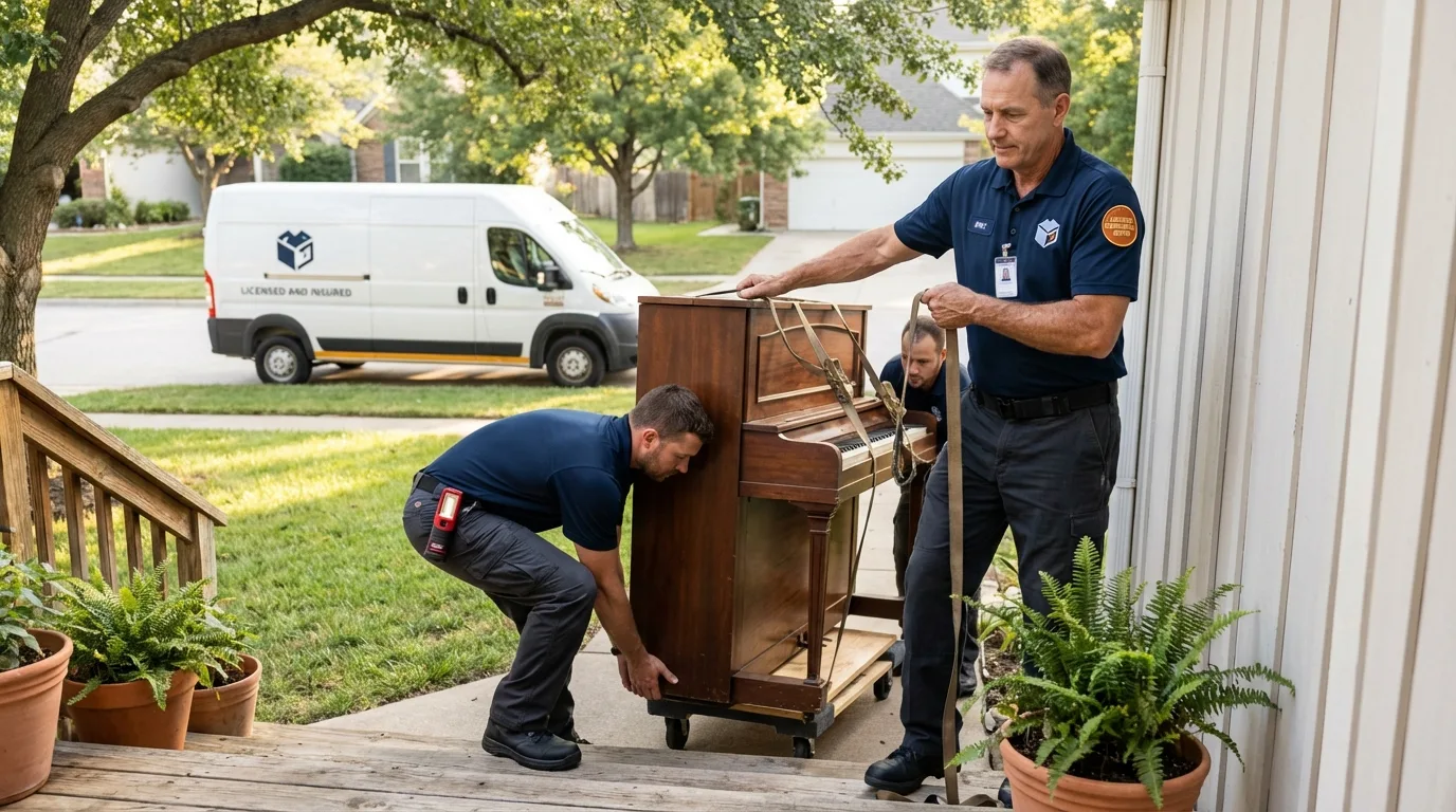 Licensed piano movers securing grand piano in Peebles, OH