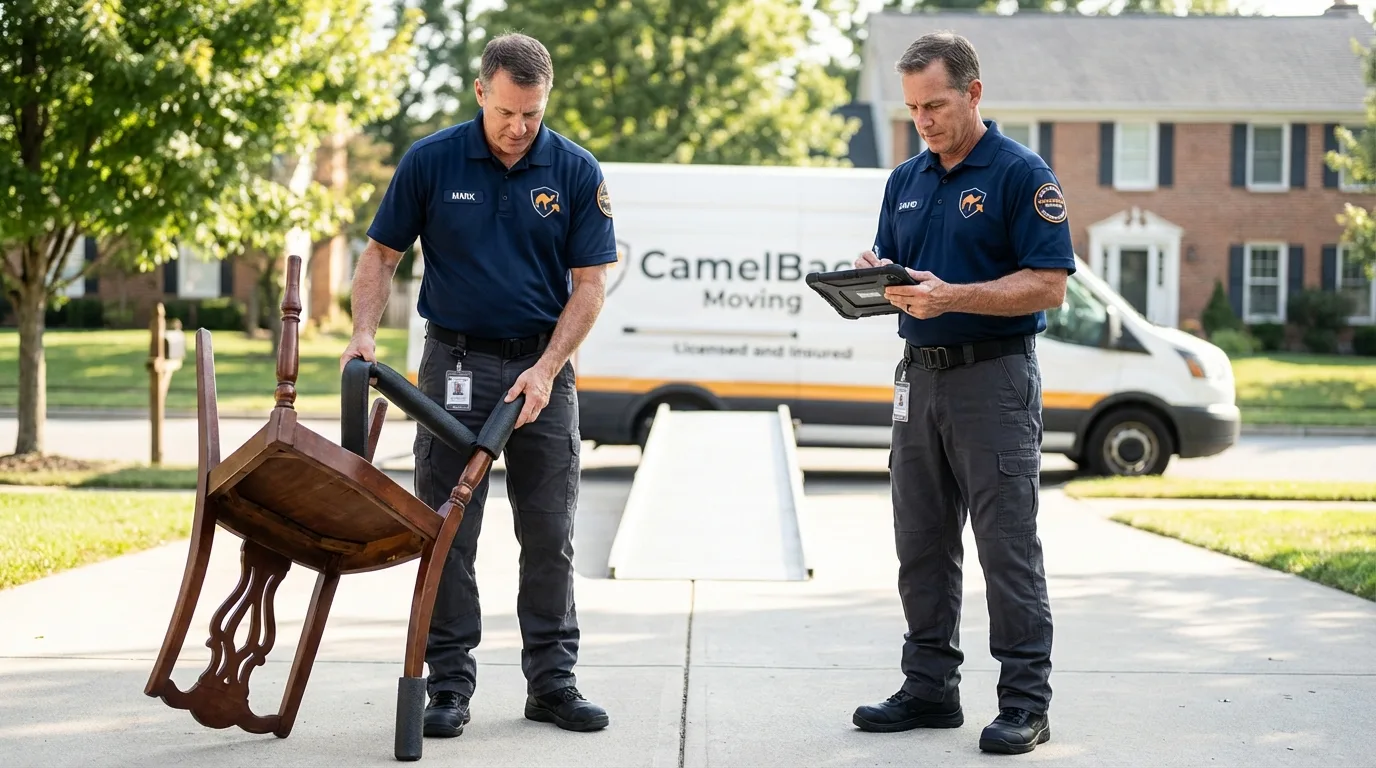Movers inspecting furniture for damage prevention before loading in Peebles, OH