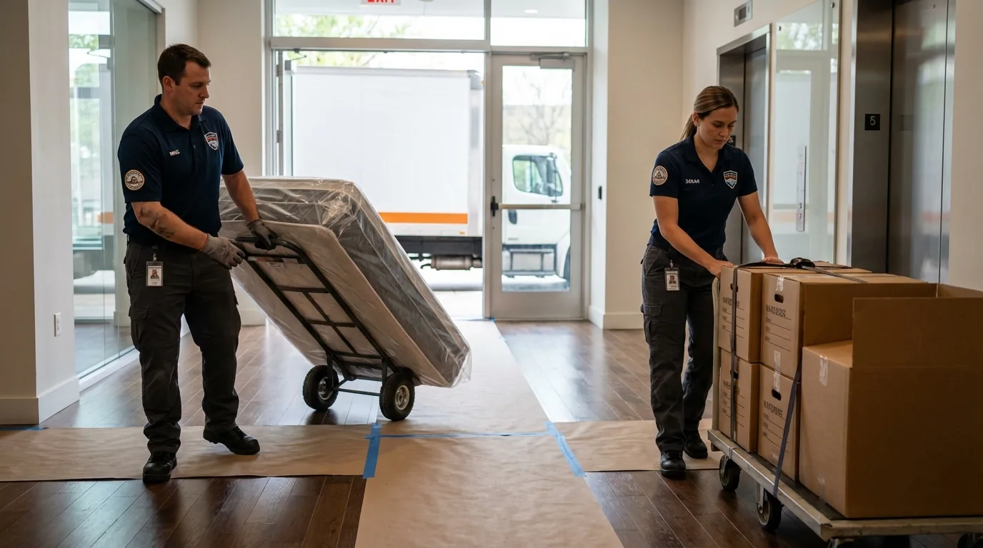 Professional apartment movers loading elevator in Peebles, OH